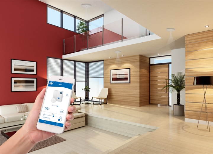 Condair HumiLife MN mobile app being used in a room with three spray heads for precise humidity control